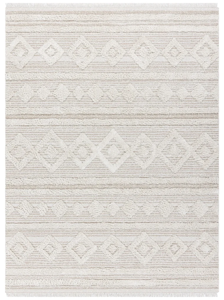 Covor ECO SISAL MOROC 22322 romburi, linii, boho franjuri - structural bej / cremă