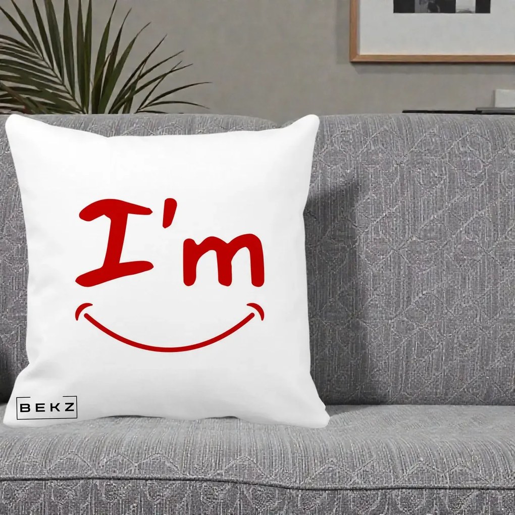 Perna Decorativa I'm Happy Smile, 40x40 cm, Alba Mata, Husa Detasabila, Perna Inclusa, BEKZ®