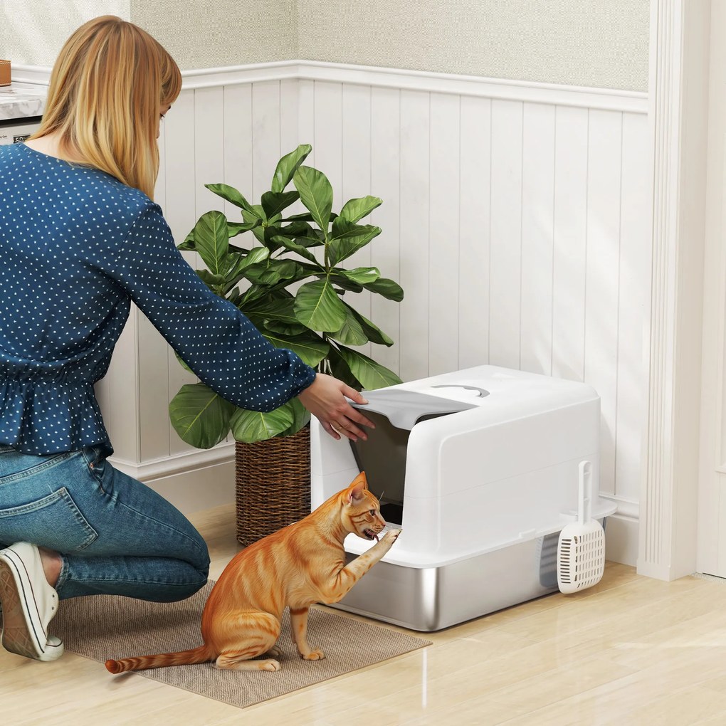 PawHut Litieră pentru pisici închisă cu tavă din oțel, lopățică și pungi filtrante, din PP, 40.5x60.5x41.5 cm | Aosom Romania