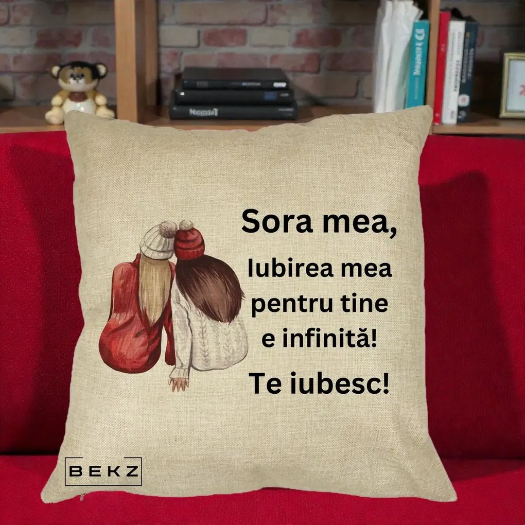 Cadou pentru Sora - Perna Personalizata Sora Mea Te Iubesc Doua Fete Iarna Acuarela, 40x40 cm, Crem, Husa Detasabila, Perna Inclusa, BEKZ®