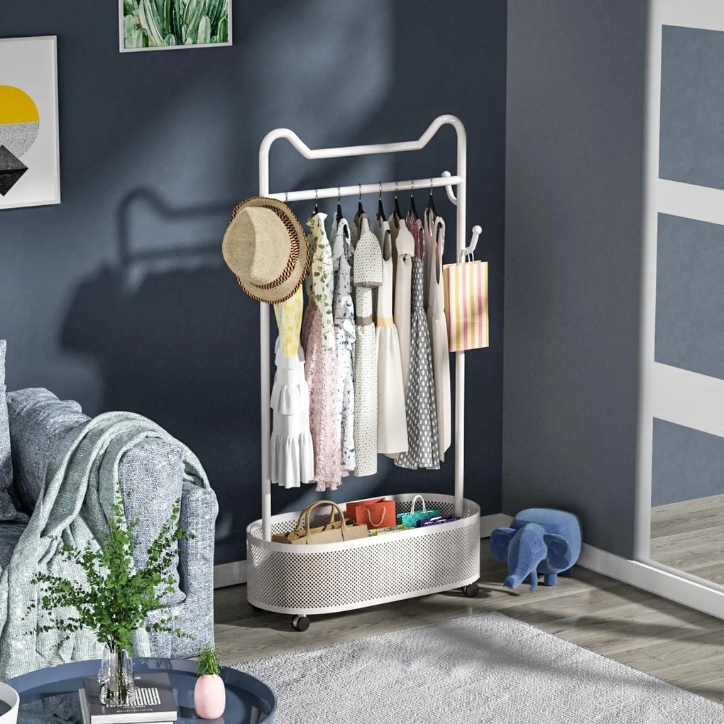 SUAU8 - Suport Haine cu spatiu depozitare, 180 cm inaltime, pentru haine, dressing, dormitor - Auriu / Alb