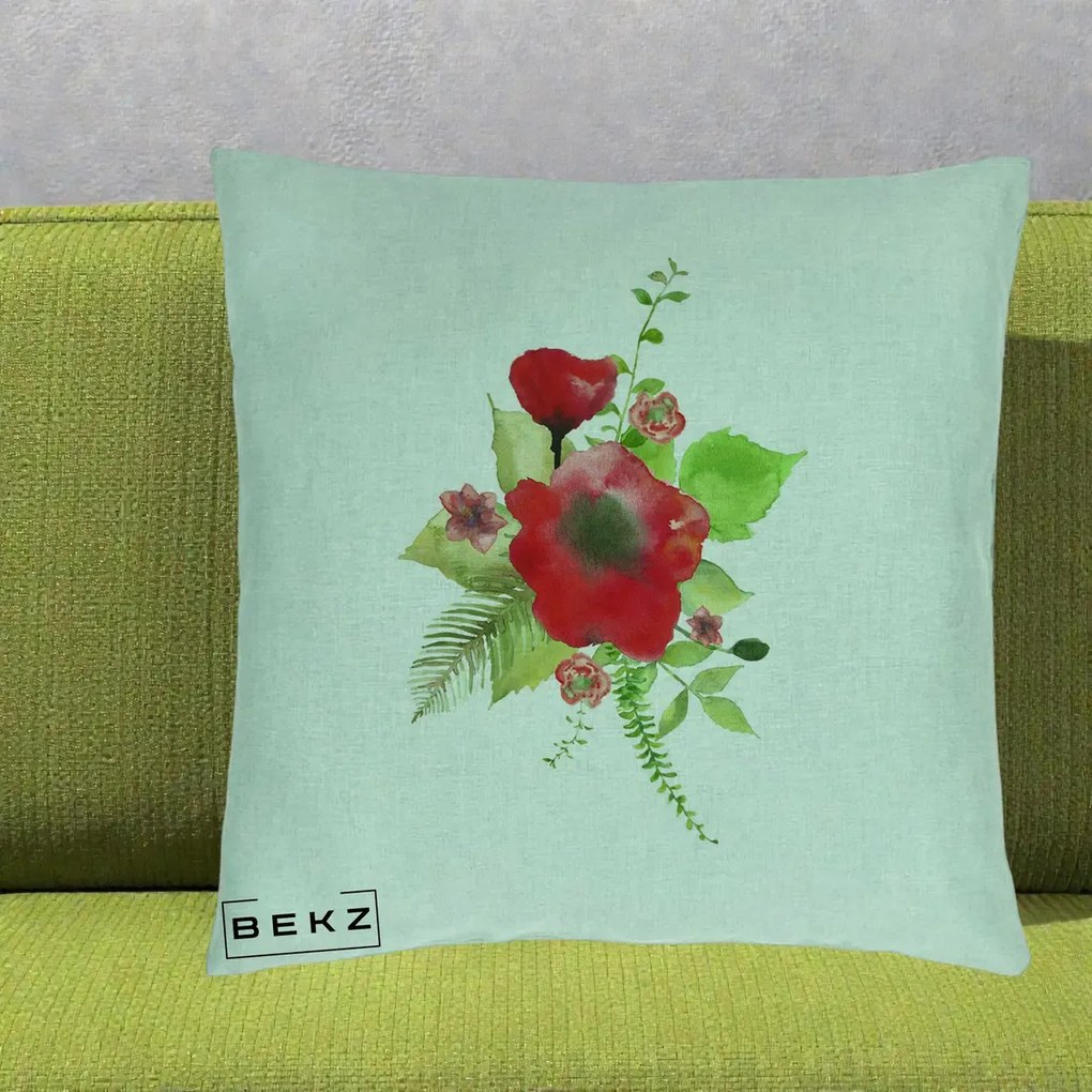 Perna Decorativa Buchet Rosu Acuarela, 40x40 cm, Verde Menta, Husa Detasabila, Perna Inclusa, BEKZ®