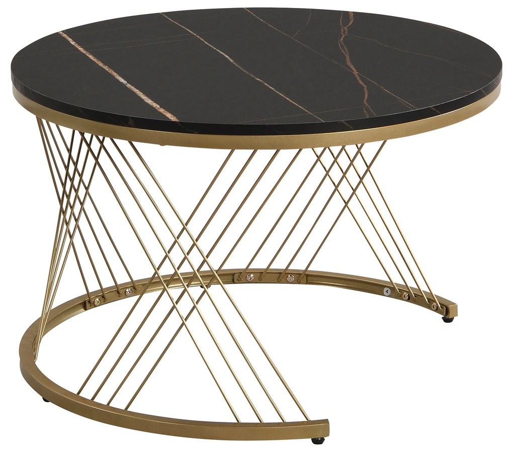 Set de 2 Măsuțe de Cafea Moderne Modulare din Marmură Sintetică cu Detalii Aurii și Sertare, Dimensiuni 70x70x45 cm și 50x50x40 cm, Negru