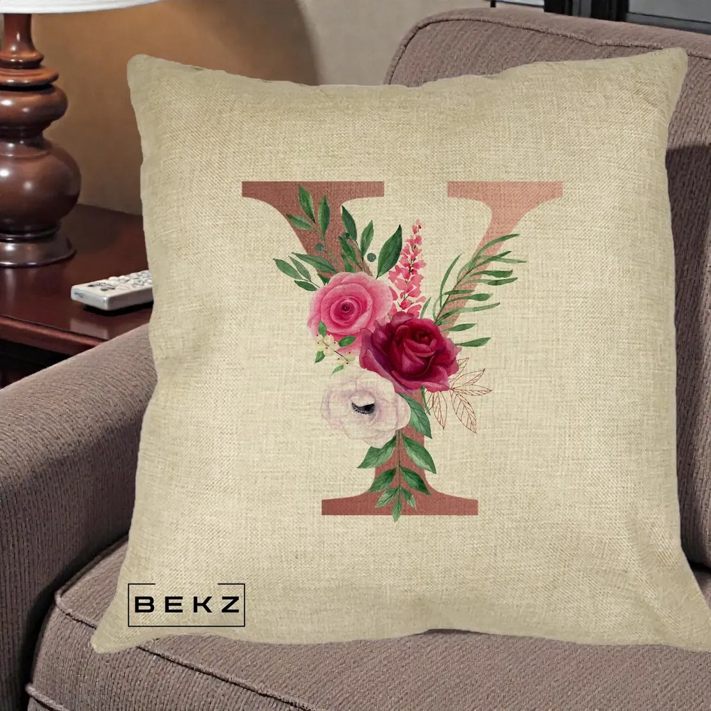 Cadou Personalizat - Perna Personalizata Monograma Rose Gold Litera Y, 40x40 cm, Crem, Husa Detasabila, Perna Inclusa, BEKZ®