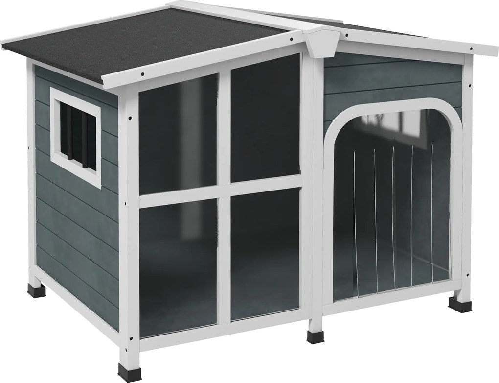 PawHut Căsuță pentru Câini din Lemn, cu Tendă de Protecție, Fereastră și Acoperiș Rabatabil, 101x66,5x70,5cm, Gri Închis | Aosom Romania