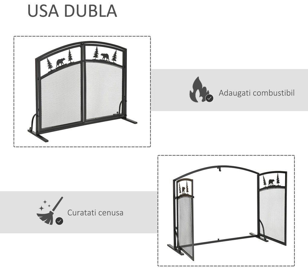 HOMCOM Paravan pentru Semineu din Metal Negru, parascantei cu 2 Usi cu Mecanism de inchidere cu Arc , Decoratiuni de Craciun | Aosom Romania