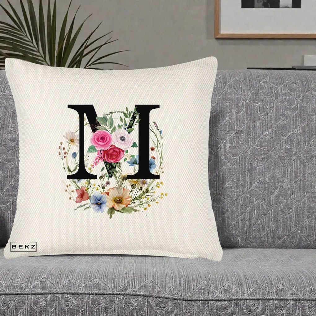 Cadou Personalizat - Perna Personalizata Monogram Litera M cu Flori Acuarela, 40x40 cm, Crem Reliefat, Husa Detasabila, Perna Inclusa, BEKZ®