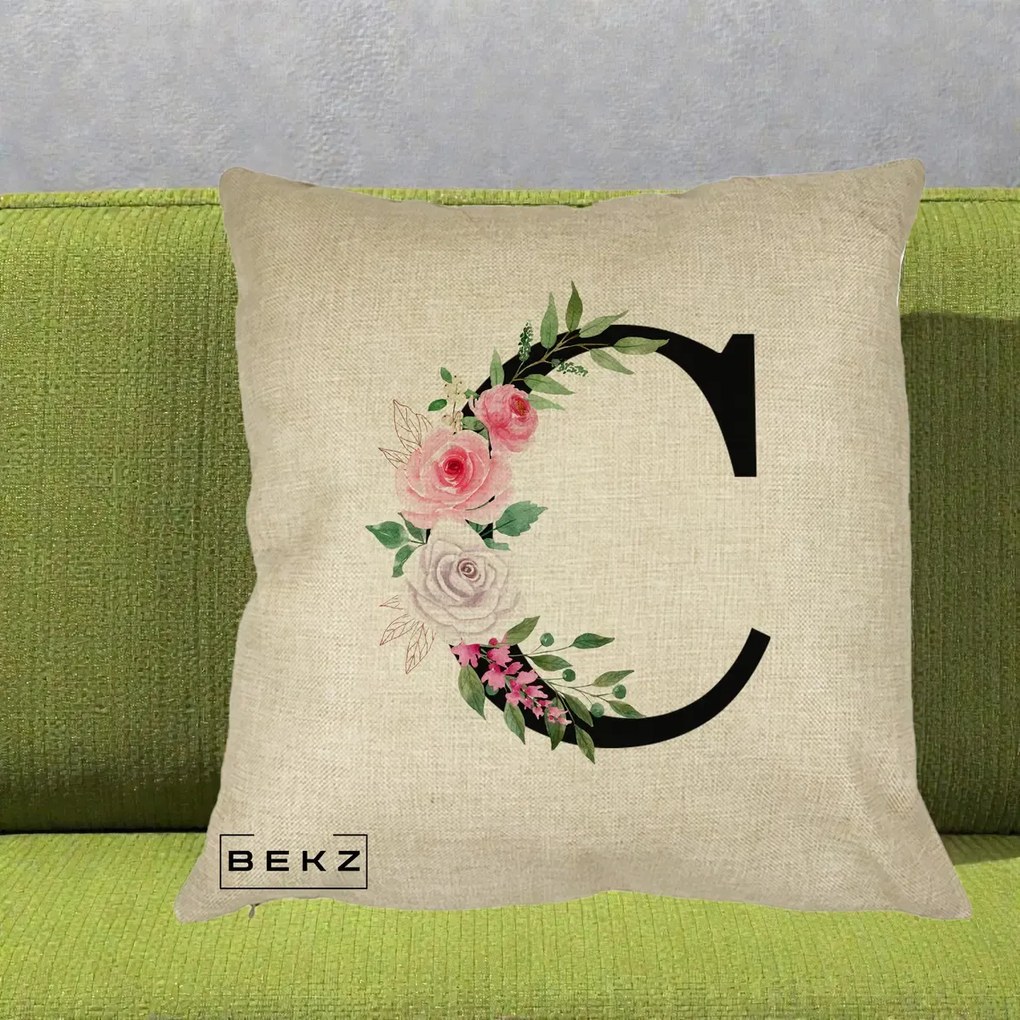 Cadou Personalizat - Perna Personalizata Monograma Florala Litera C, 40x40 cm, Crem, Husa Detasabila, Perna Inclusa, BEKZ®