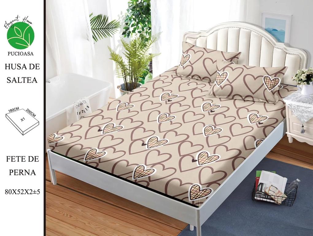 Husa de pat cu elastic 180x200 din Bumbac Finet + 2 Fete de Perna - Bej Cu Inimioare