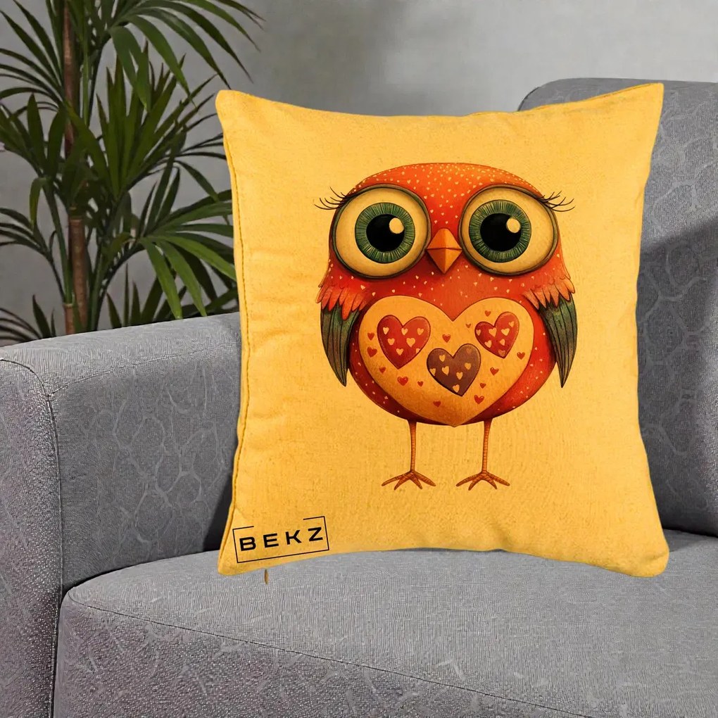 Perna Decorativa Bufnita Rosie cu Inimi Aurii, 40x40 cm, Galben, Husa Detasabila, Perna Inclusa, BEKZ®