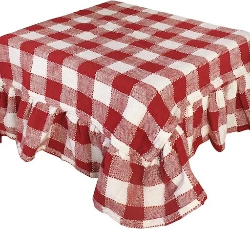 Față de masă din bumbac organic, rosu și alb, model în carouri cu volănaș decorativ, 150 × 250 cm, „Ida Stripe"