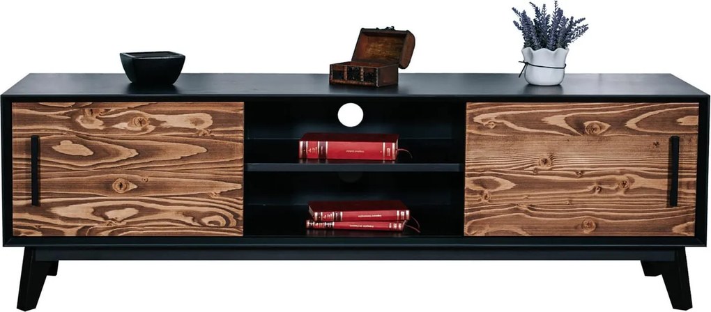 Comodă TV lemn masiv Timeless 2 Uși culisante 2 Nișe Negru, 146 × 40 × 48 cm