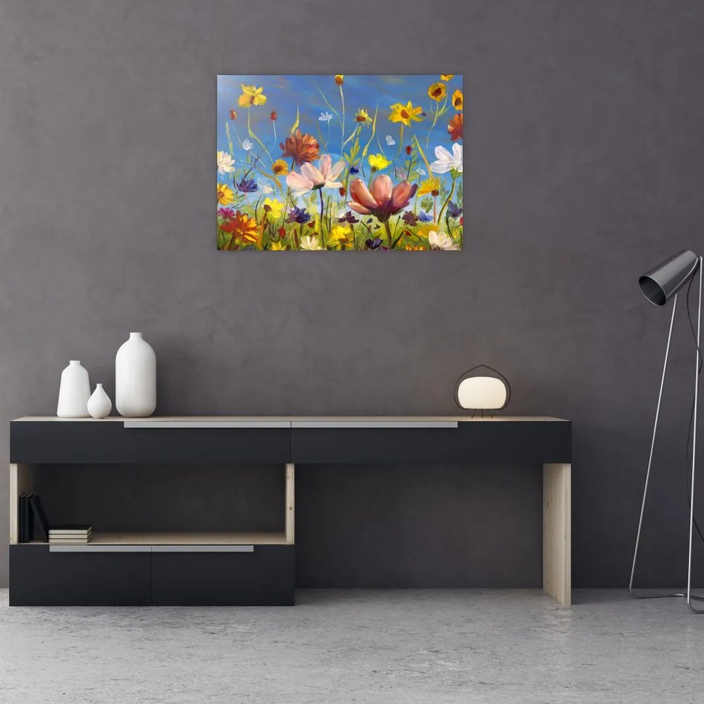 Tablou pe sticlă cu luncă înflorită (70x50 cm)