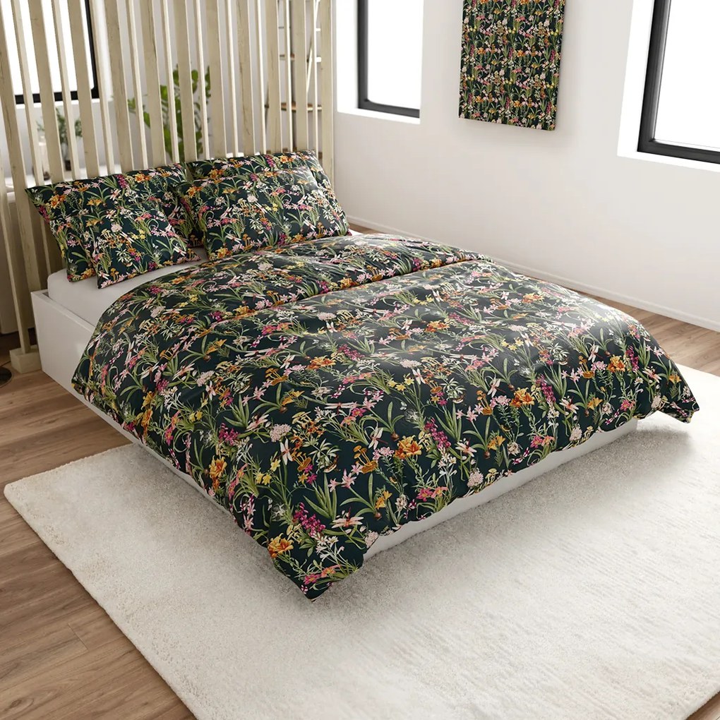 Set 2 buc Lenjerie cocolino MYSTIC GARDEN verde inchis + cearsaf Cocolino microplus cu elastic SOFT 180x200 cm alb, pat dublu