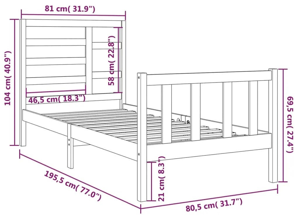 Cadru de pat Small Single 2FT6, negru, 75x190 cm, lemn masiv Negru, 75 x 190 cm