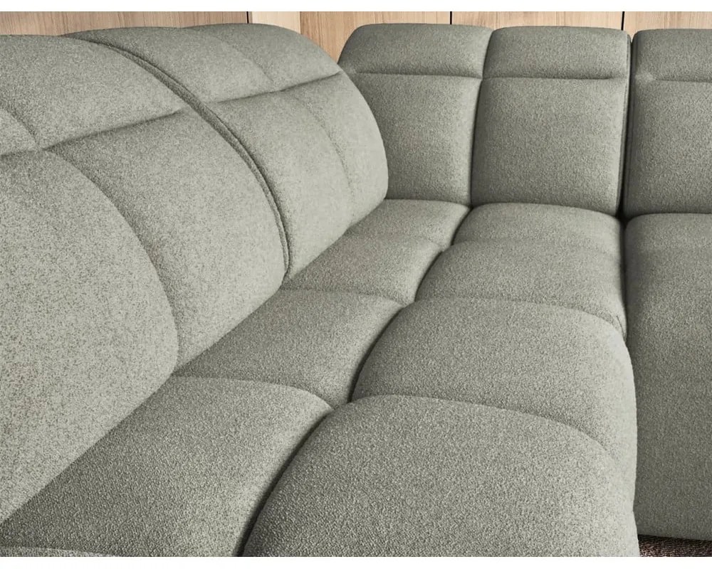 Colțar verde prăfuit extensibil/cu spațiu de depozitare cu tapițerie din țesătură bouclé (cu colț pe partea stângă/în formă de ”L”) Falconn – ELTAP