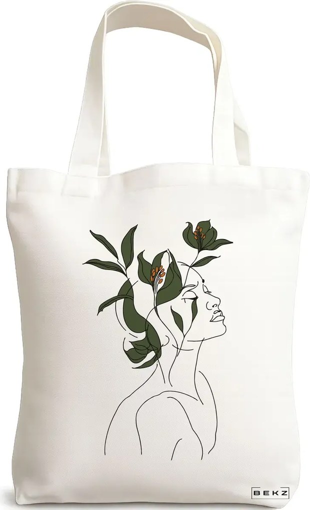 Sacosa de Panza pentru Cumparaturi, Geanta Tote, Flower Lady 10, 38x34.5 cm, Alba, BEKZ®