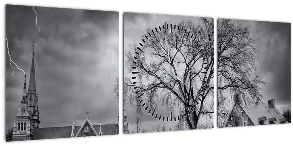 Tablou cu sat alb negru (cu ceas) (90x30 cm)