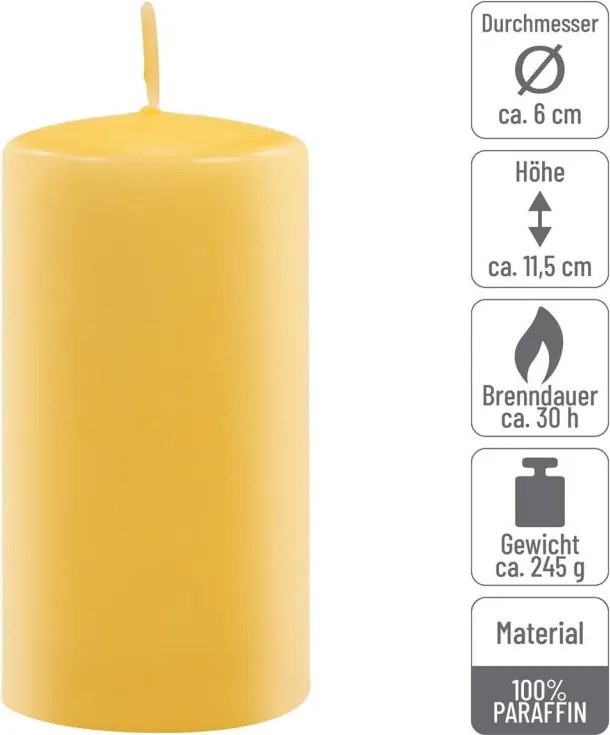 Set de lumânări pilon, 11,5 cm, Ø 6 cm, galben, 12 buc.