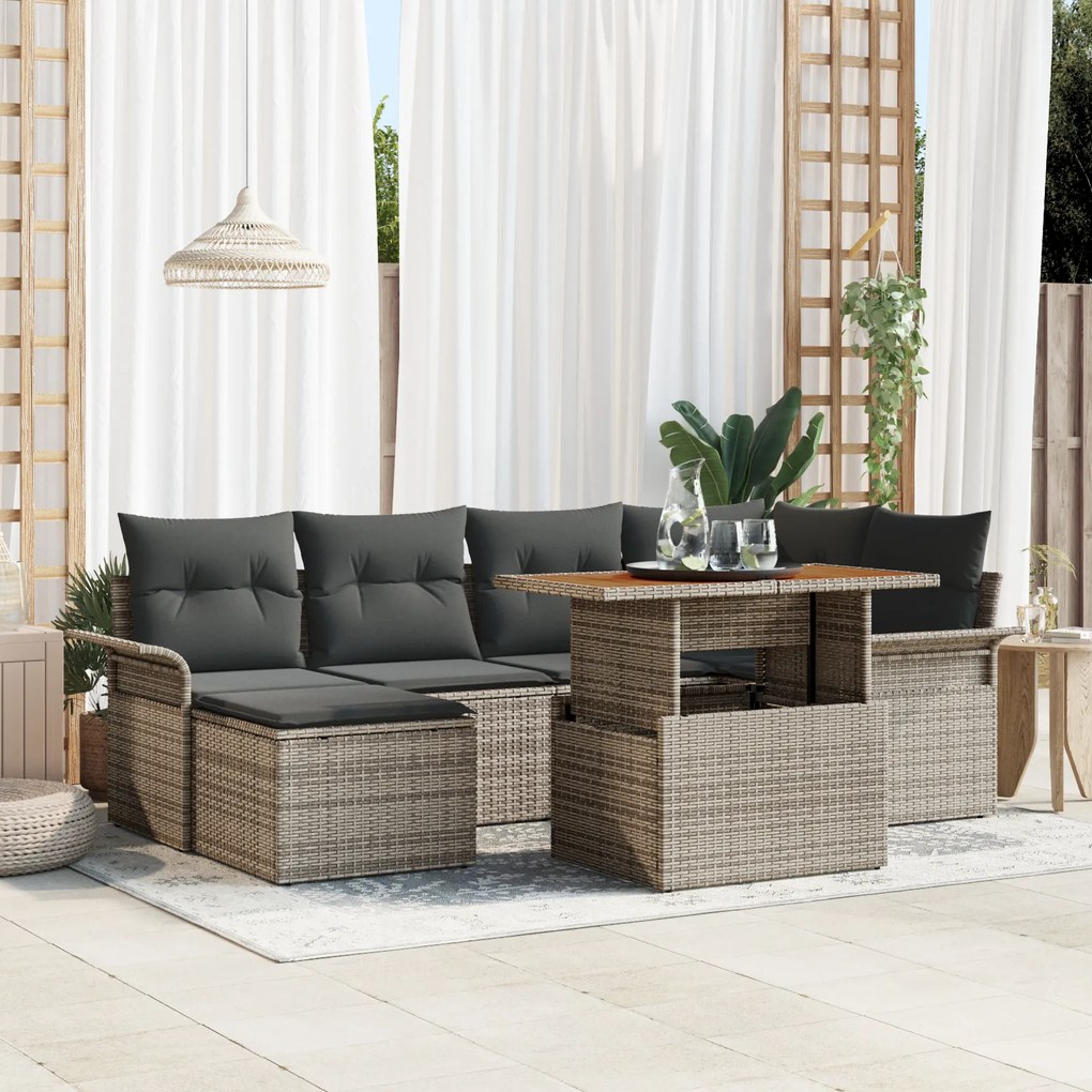 vidaXL Set de dining pentru grădină cu 7 piese, cu perne gri, din rattan poli și masă din acacia.