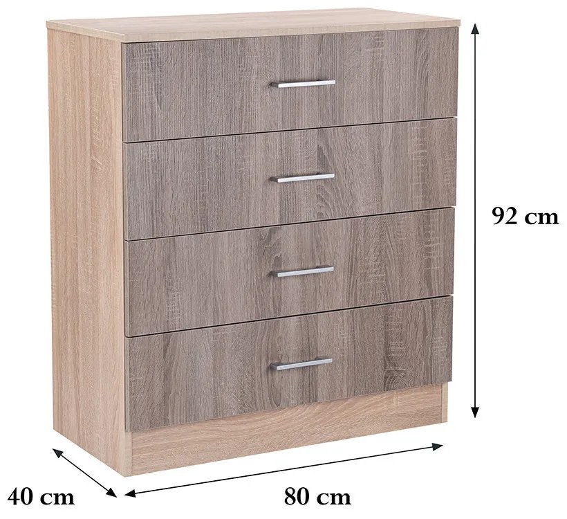 Comodă Miami cu 4 sertare 80x92 cm stejar York-stejar Sonoma