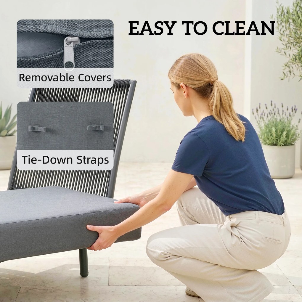 Outsunny Șezlong de grădină cu perne lavabile din olefină și raft lateral, cadru metalic, 58x137x75cm, gri | Aosom Romania