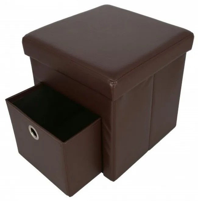 Taburet cu cutie de depozitare si sertar HouseXL™ 6100, Dimensiuni 38X38X38cm, Max 150 kg, Capac moale din piele ecologica, Maron