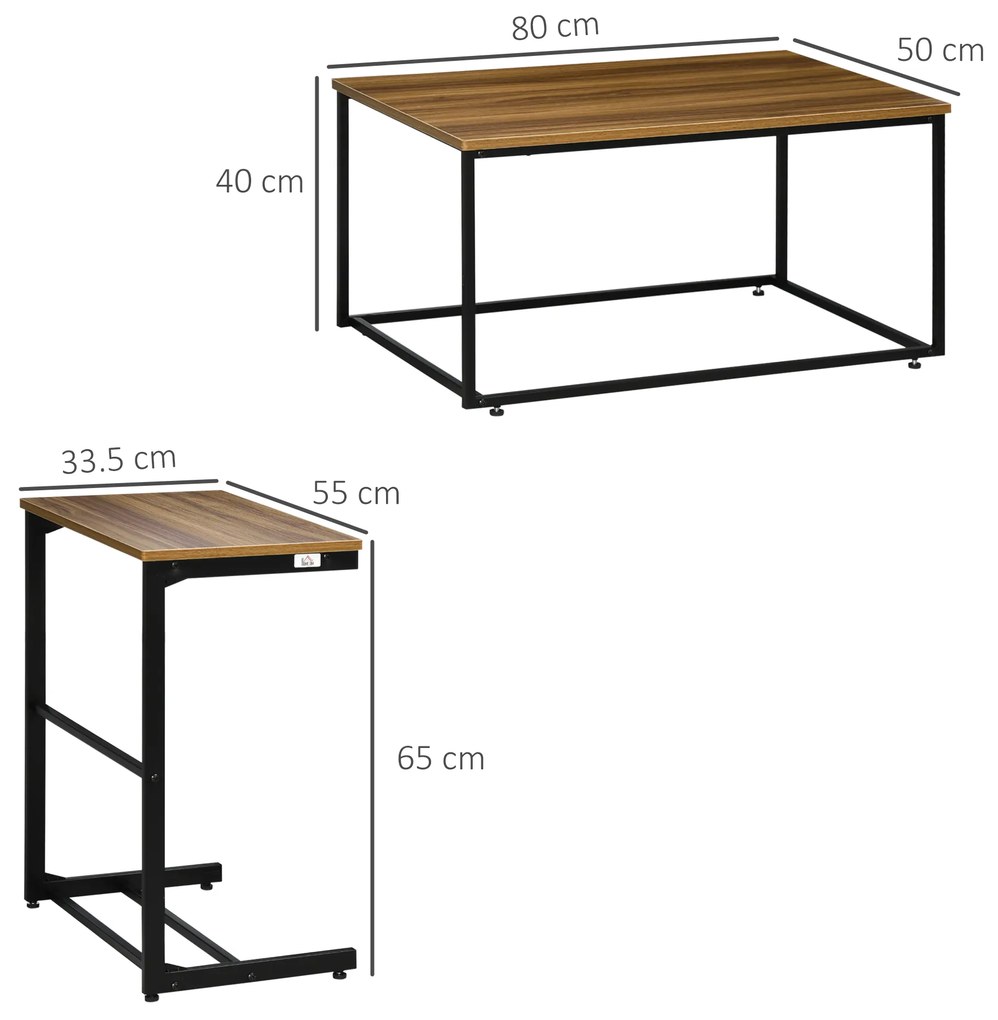 HOMCOM Set de 2 Mese de Cafea în Stil Industrial cu Cadru din Oțel și Piciorușe Reglabile pentru Camera de Zi, 55x33.5x65 cm, Nuc | Aosom Romania