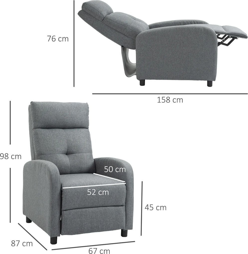 HOMCOM Fotoliu Reclinabil 155° max în Țesătură cu Efect de In Gri cu Suport pentru Picioare, 67x87x98 cm | Aosom Romania