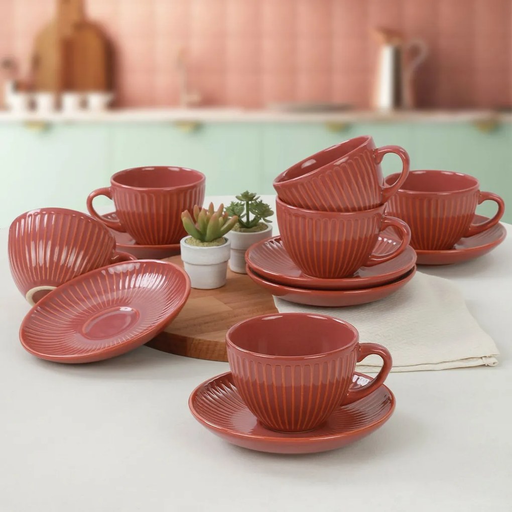 Set 6 cești cu farfurioare din ceramică Linea 210 ml, portocaliu