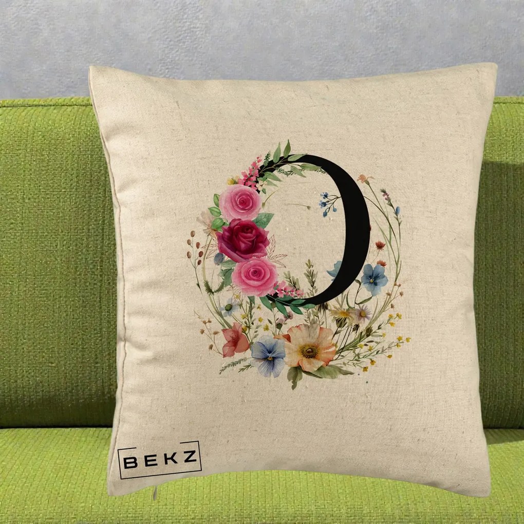 Cadou Personalizat - Perna Personalizata Monogram Litera O cu Flori Acuarela, 40x40 cm, Bej, Husa Detasabila, Perna Inclusa, BEKZ®