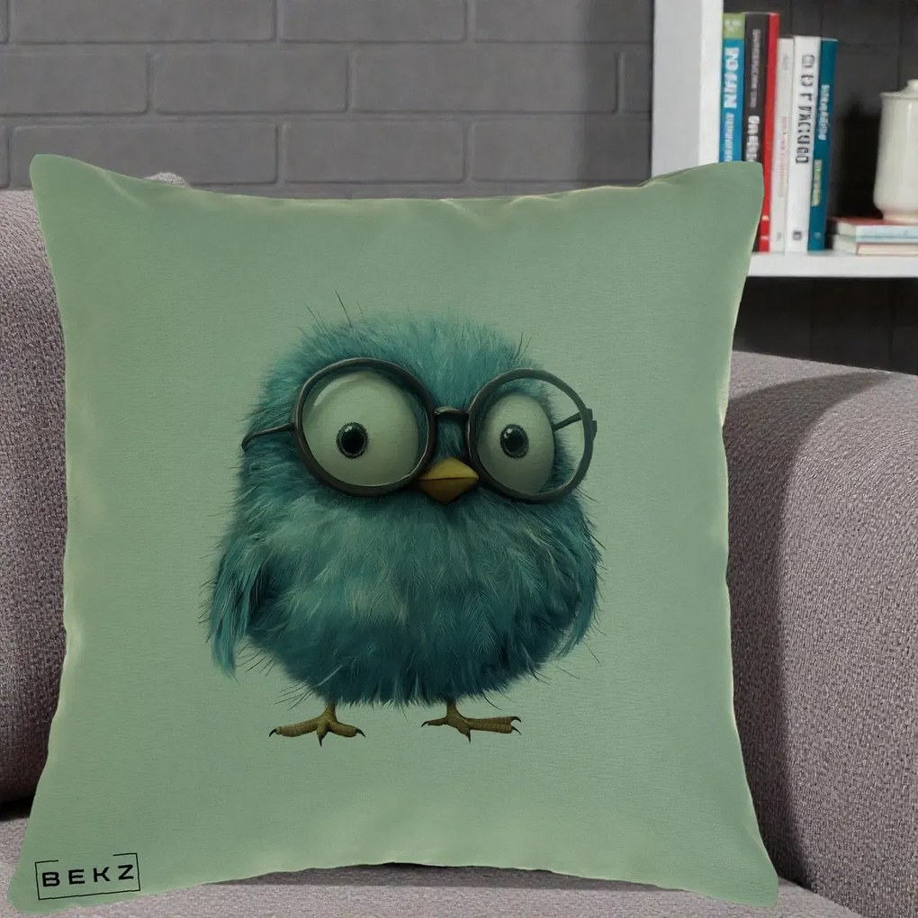 Perna Decorativa Pui Pufos Teal cu Ochelari, 40x40 cm, Verde, Husa Detasabila, Perna Inclusa, BEKZ®