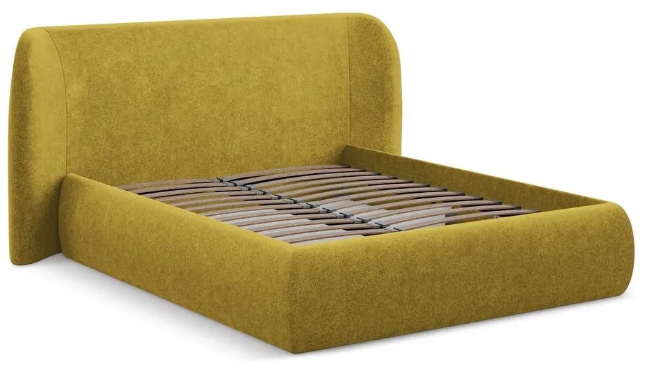 Pat matrimonial galben muștar tapițat cu spațiu de depozitare cu somieră 180x200 cm Hauke – Makamii