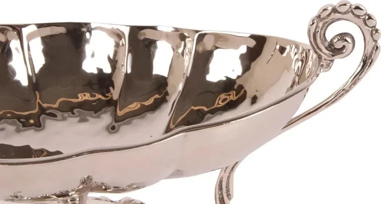 Bol de servire oval din alamă lucrată manual, argintiu, pe picior, cu două mânere, fructieră și centru de masă, 15 x 34 x 16 cm, „Sheffield”
