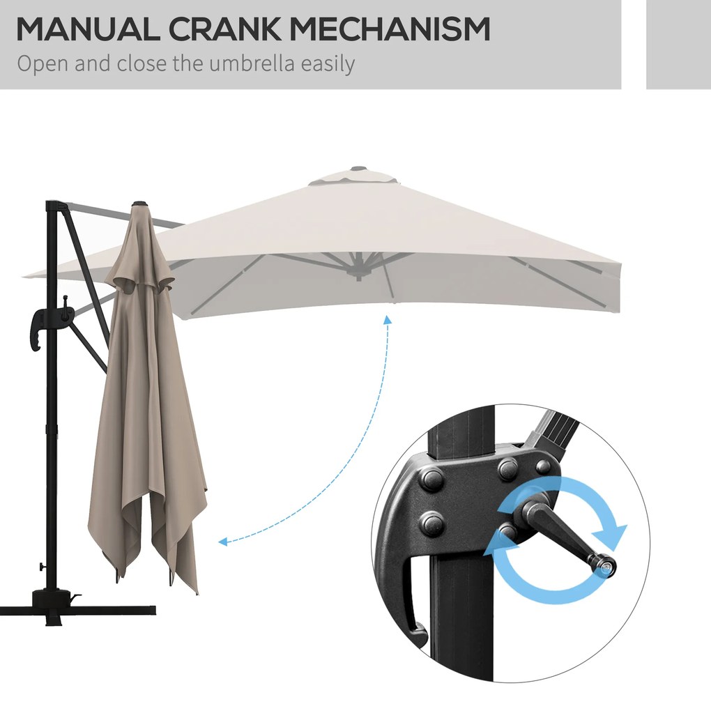 Outsunny Umbrelă de Soare cu 8 Lamele cu Pedală și Manivelă, Umbrelă de Soare din Aluminiu și Poliester, 295x295x266 cm, Kaki | Aosom Romania