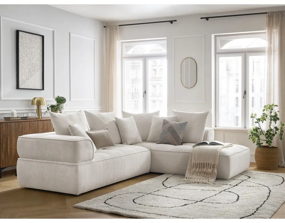 Colțar bej cu tapițerie din chenille (cu colț pe partea dreaptă/în formă de ”L”) Whesley – Bobochic Paris