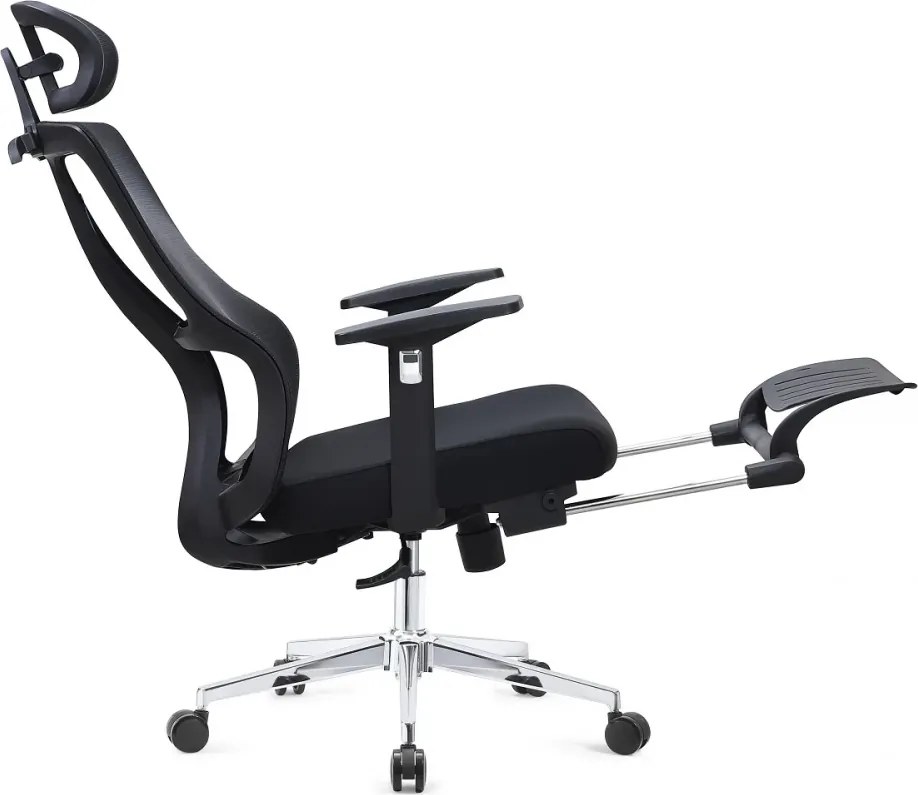 RESIGILAT- Scaun ergonomic, spatar Mesh, sezut textil, tetiera reglabila inaltime, suport picioare, baza metalica, inaltime reglabila, Negru