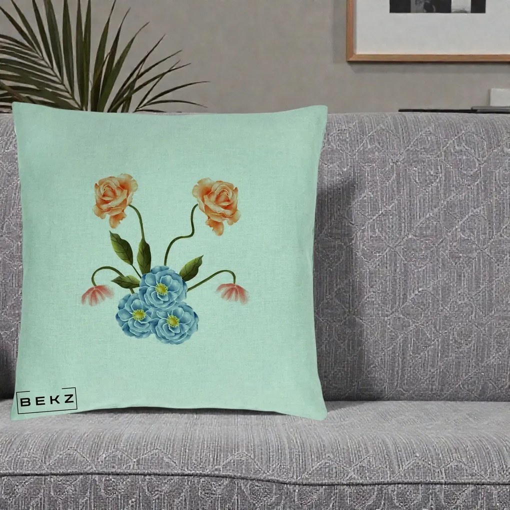 Perna Decorativa Trandafiri si Bujori Acuarela, 40x40 cm, Verde Menta, Husa Detasabila, Perna Inclusa, BEKZ®