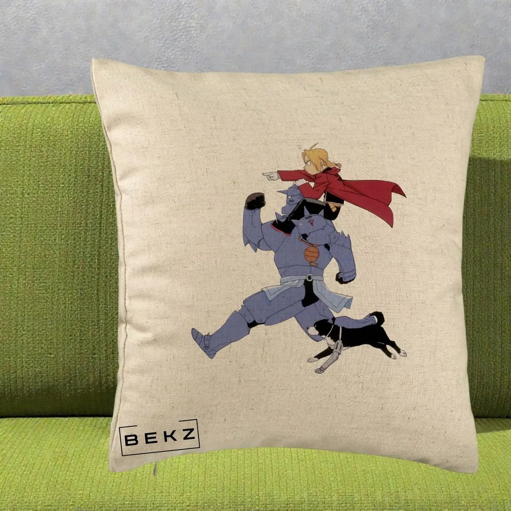 Perna Personalizata Fullmetal Alchemist Edward si Alphonse, 40x40 cm, Bej, Husa Detasabila, Perna Inclusa, BEKZ®