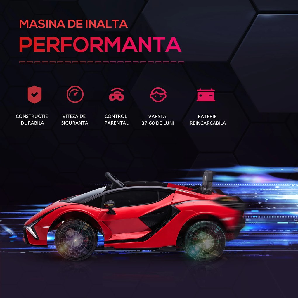 Masina electrica HOMCOM pentru copii 12V Lamborghini, telecomanda, viteza 3-8 km/h, 108x62x40cm, Rosie | Aosom Romania