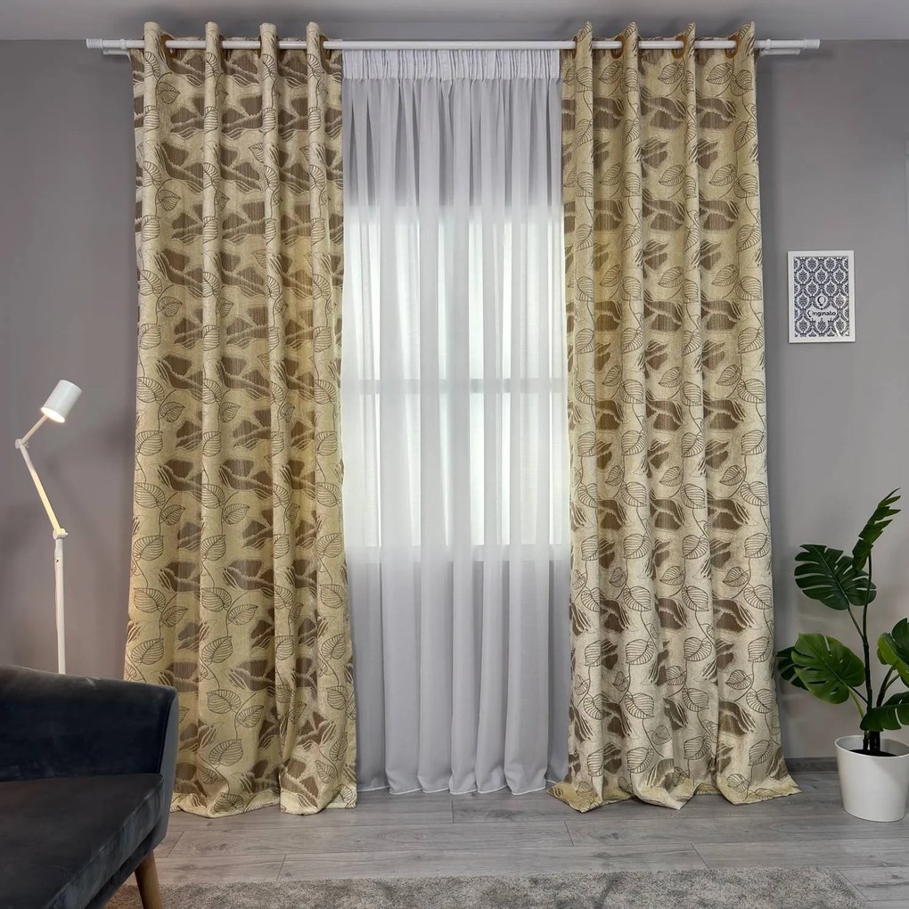 Set două Draperii (Opacitate 80%), din Catifea + Stofă premium (Model reliefat), Gata lucrate (Inele galerie), Culoare Bej + Maro, Dimensiuni draperie 160x260 cm (x2), Brand Originalio