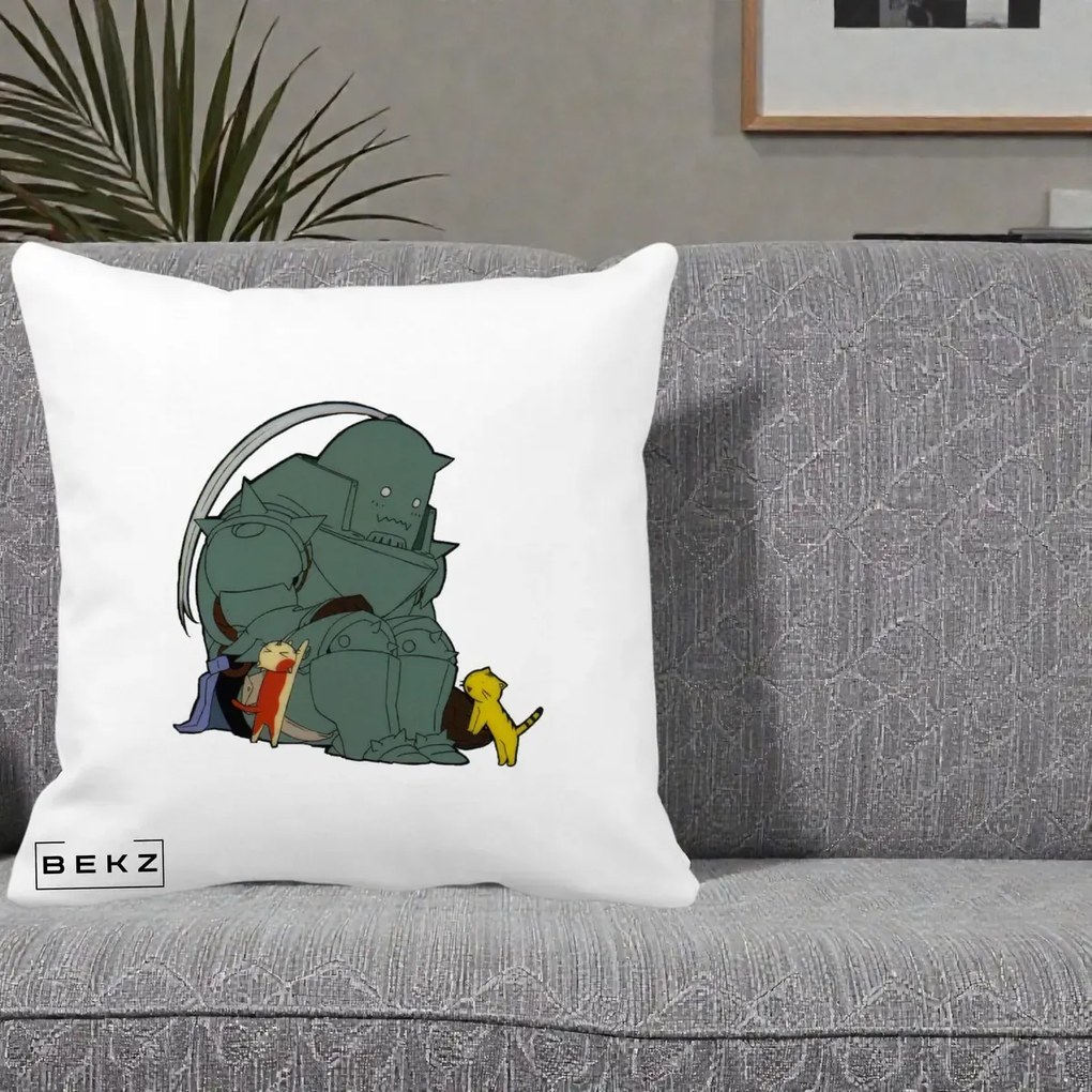 Perna Personalizata Fullmetal Alchemist Alphonse cu Pisici, 40x40 cm, Alba Mata, Husa Detasabila, Perna Inclusa, BEKZ®