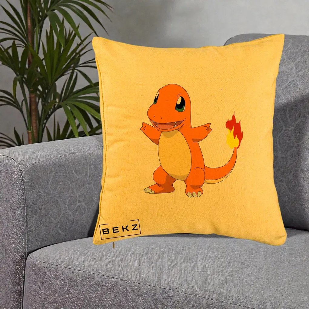 Perna Personalizata Charmander Pokemon, 40x40 cm, Galben, Husa Detasabila, Perna Inclusa, BEKZ®
