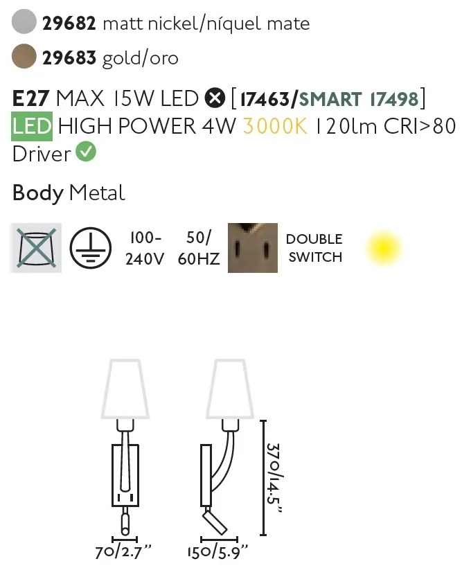 Aplica perete cu reader LED design clasic REM auriu/alb