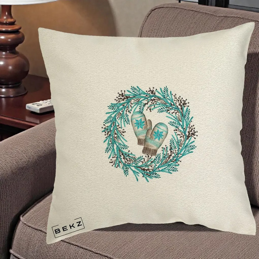Perna Decorativa Coroana Turcoaz cu Manusi, 40x40 cm, Ecru, Husa Detasabila, Perna Inclusa, BEKZ®