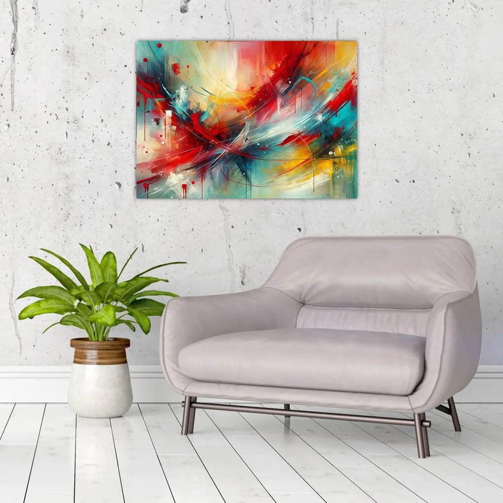 Tablou pe sticlă – Abstracție cu roșu (70x50 cm)