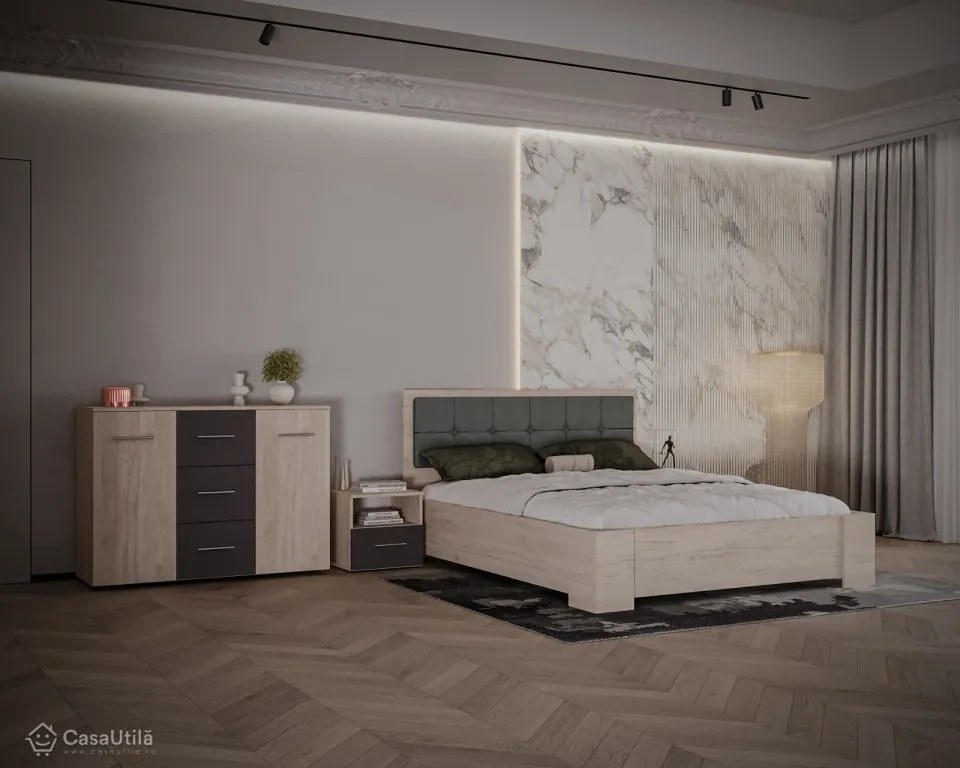 Dormitor Barry, Dulap 4 Usi, Pat tapitat 160x200, 2 Noptiere, Comoda 2 Usi 3 Sertare