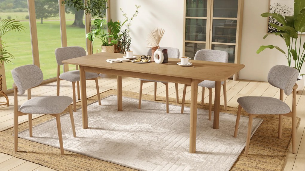 MAZZONI EXPORT ALDO Bej Latte (material Monza 60)/cadru stejar lăcuit - SCAUN DIN LEMN BOUCLÉ PENTRU SALON SUFRAGERIE BUCĂTĂRIE RETRO