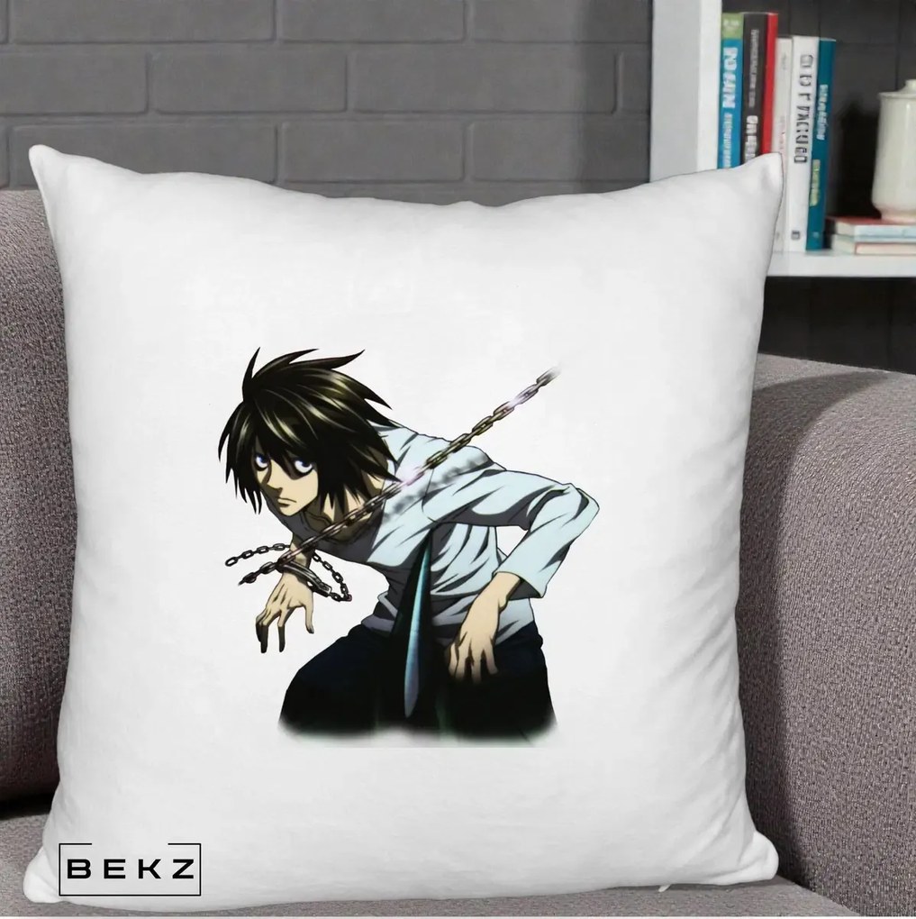 Perna Personalizata Death Note L Lawliet Lanturi, 40x40 cm, Alb Pufos, Husa Detasabila, Perna Inclusa, BEKZ®