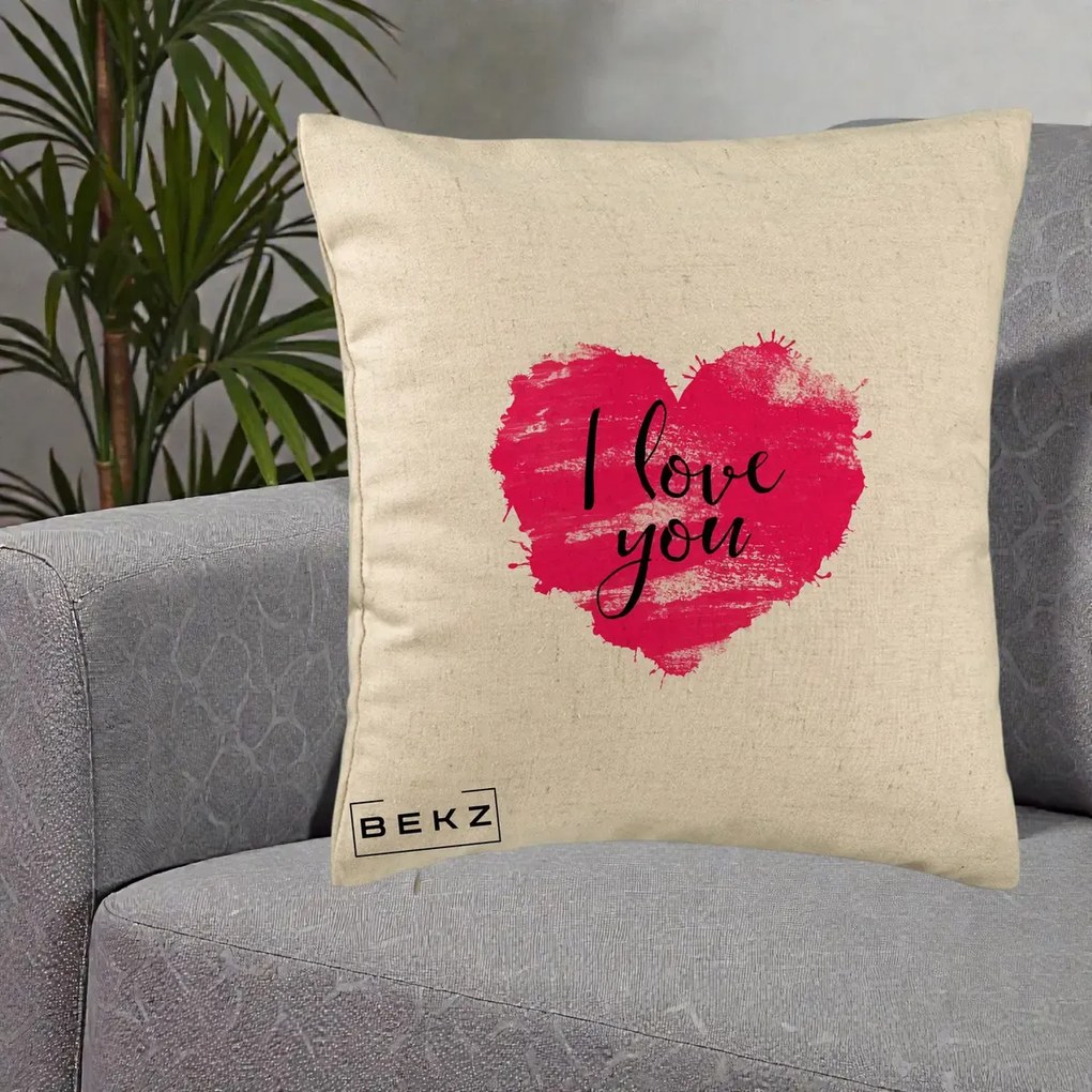 Cadou Romantic - Perna Personalizata I Love You Inima Roz, 40x40 cm, Bej, Husa Detasabila, Perna Inclusa, BEKZ®